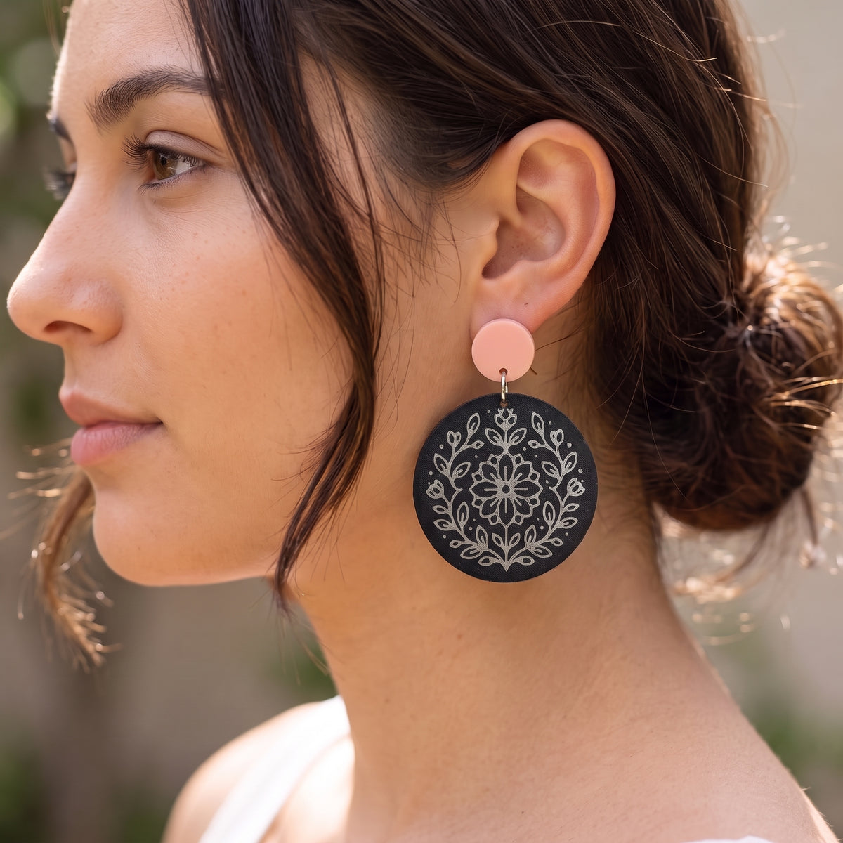 Round Floral Dangle Earrings | Lightweight Drop Earrings | 40x50mm