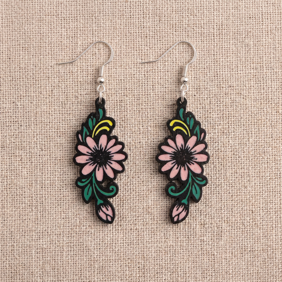 Pink Daisy Floral Dangle Earrings | Lightweight PLA Drop Earrings | 60mm