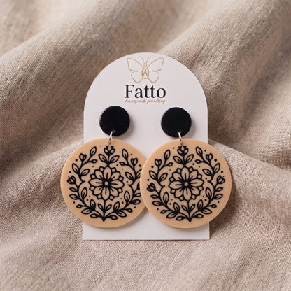Round Floral Dangle Earrings | Lightweight Drop Earrings | 40x50mm