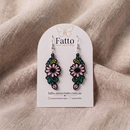 Pink Daisy Floral Dangle Earrings | Lightweight PLA Drop Earrings | 60mm