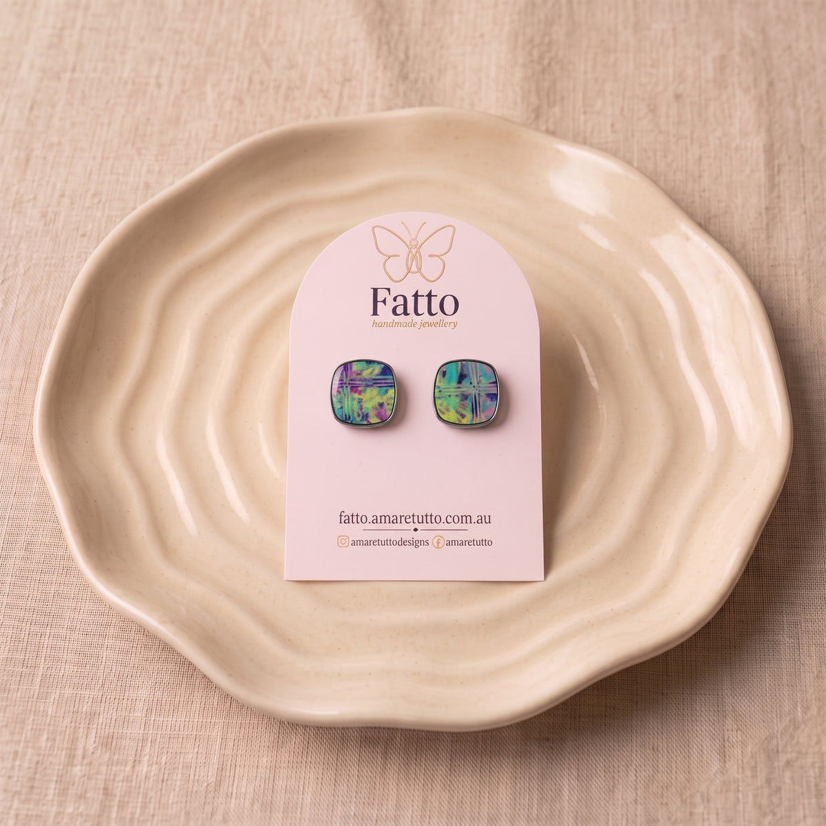 Colourful Printed Square Stud Earrings | Bold Statement Studs | 23mm
